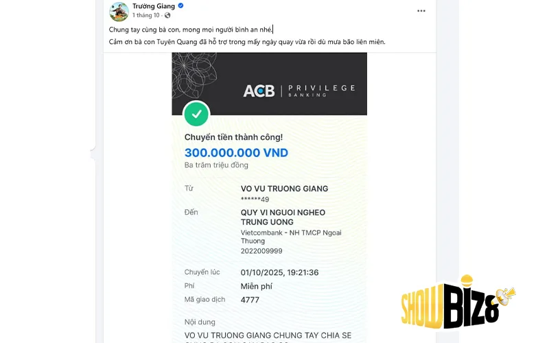 Trường Giang đóng góp hỗ trợ bà con vùng bão lũ