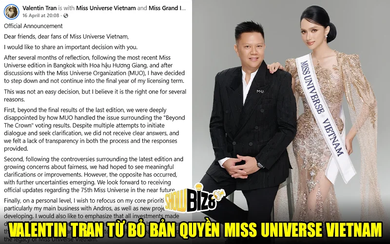 Valentin Tran từ bỏ bản quyền Miss Universe Vietnam
